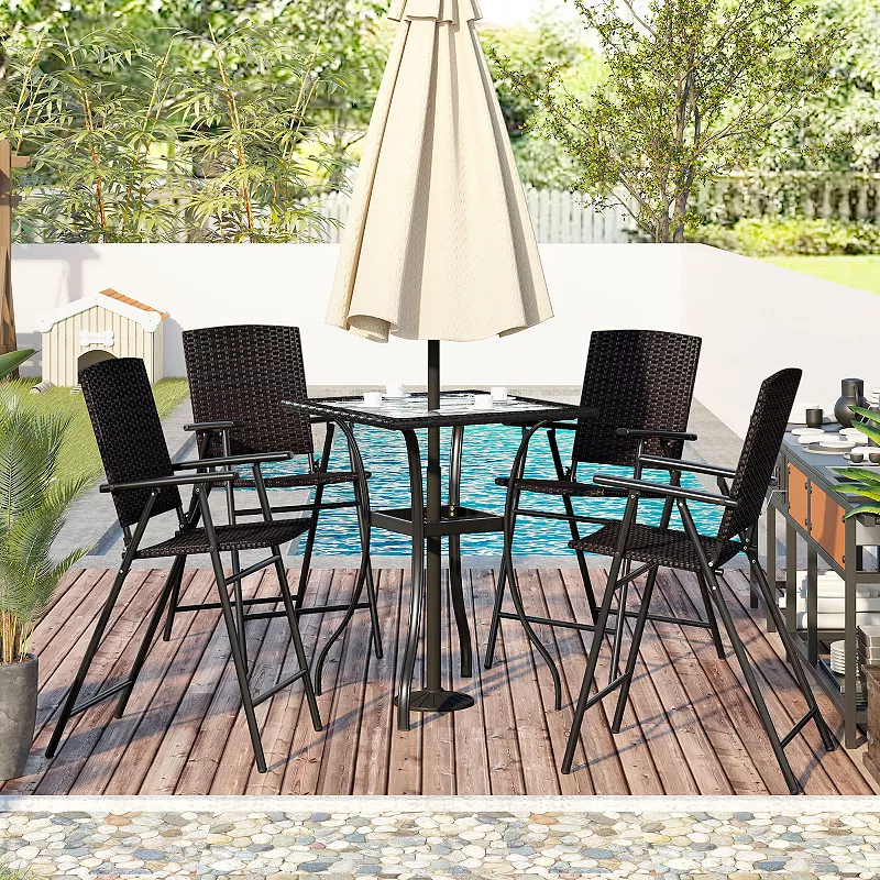 Merax Outdoor Patio PE Wicker 5-Piece Counter Height Dining Table Set with Umbrella Hole and 4 Foldable Chairs