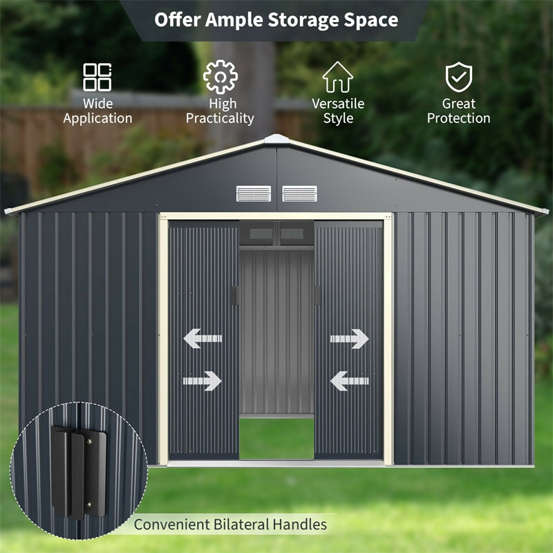 11' x 8' Outdoor Metal Storage Shed Backyard Shed Garden Tool Storage Cabinet with 4 Vents & Lockable Double Sliding Door