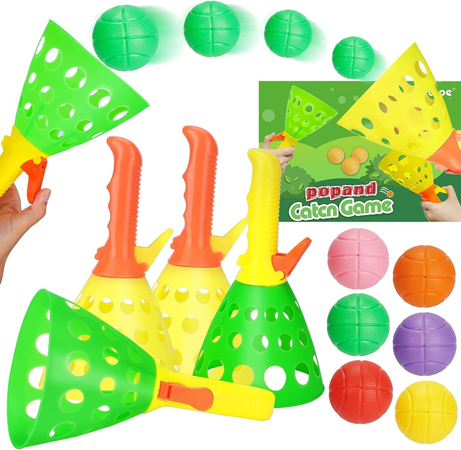 Outdoor Indoor Games Activities for Kids Adults,Pop Catch Ball Game with 4 Catch Launcher Baskets and 6 Balls,Summer Beach Lawn Camping Yard Backyard Sport Toys for Kids Age 5 6 7 8 9 10+ Boys & Girls