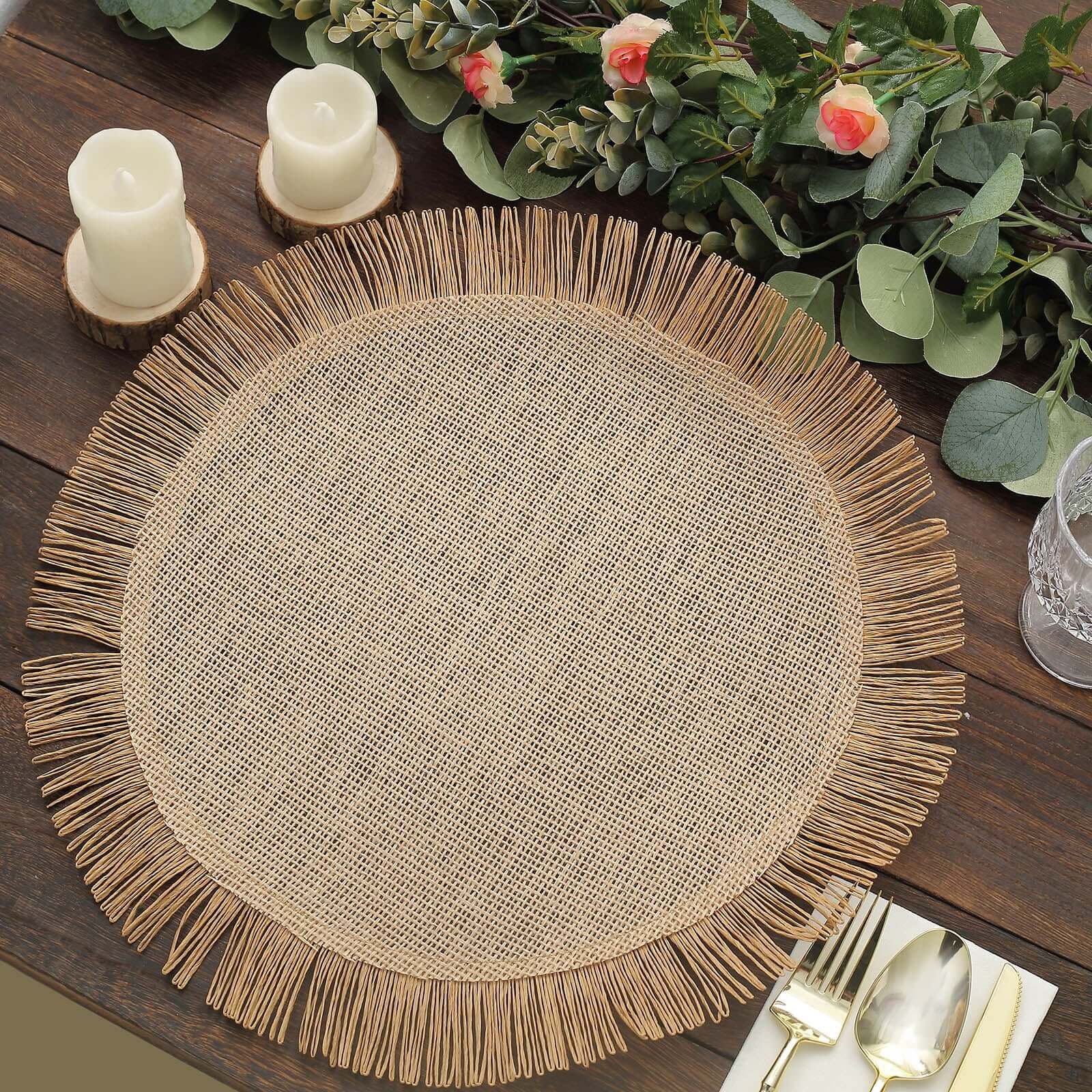 4 Pack Natural Jute Boho Chic Fringe Edge Table Placemats, Rustic Farmhouse Burlap Tassel Dining Table Mats 16