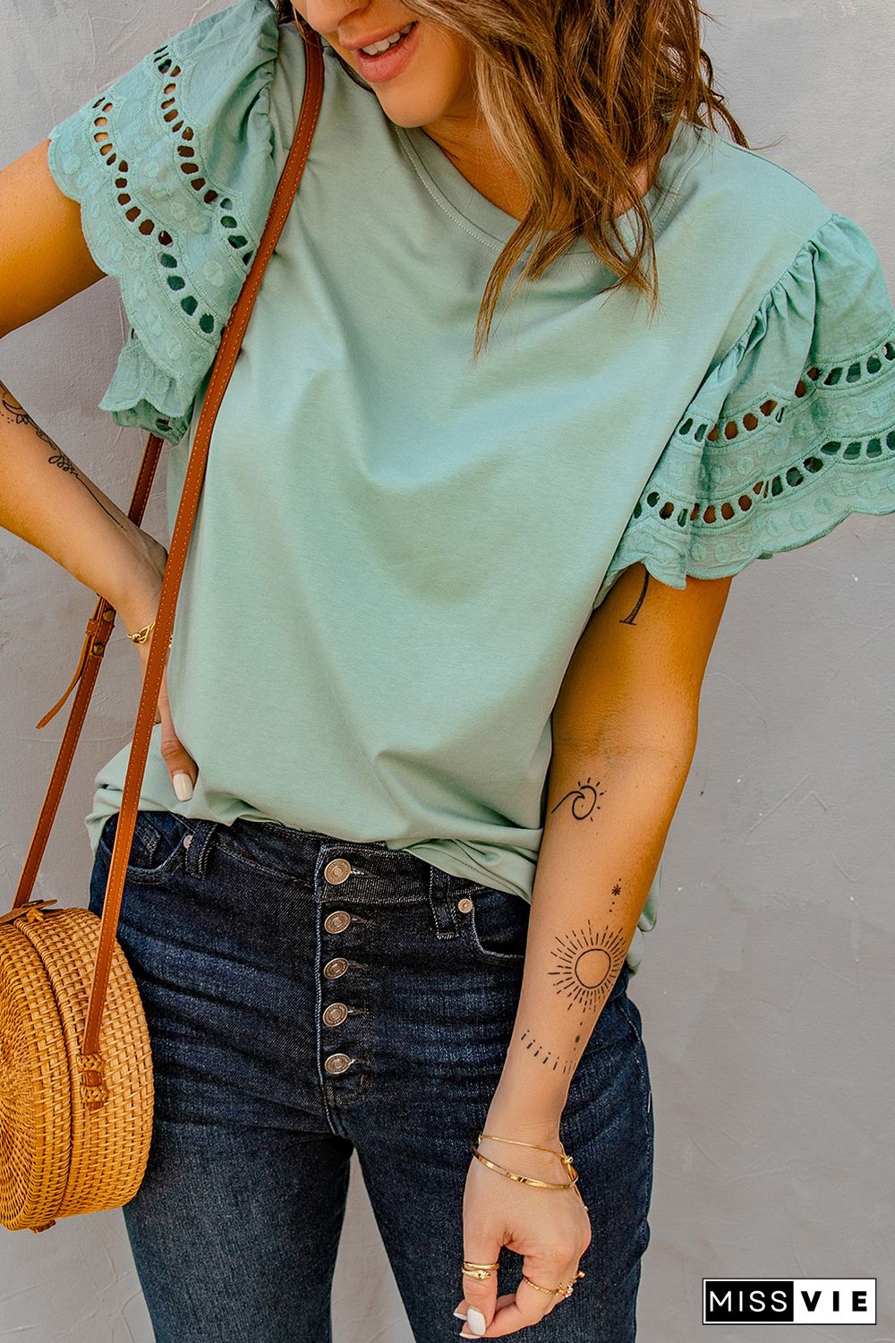 Green Hollow Out Ruffle Sleeve T-shirt