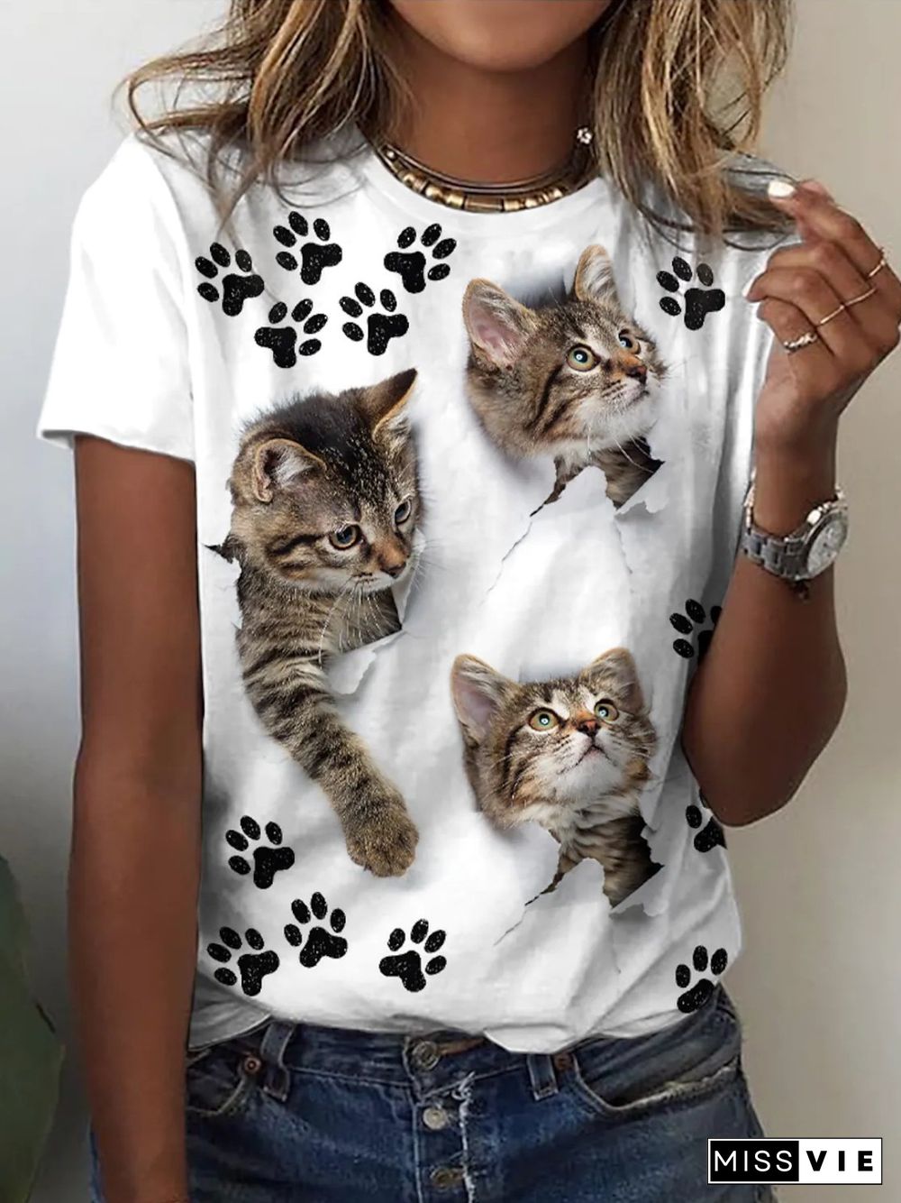 Casual Cat Short Sleeve Round Neck Plus Size Printed Tops T-shirts