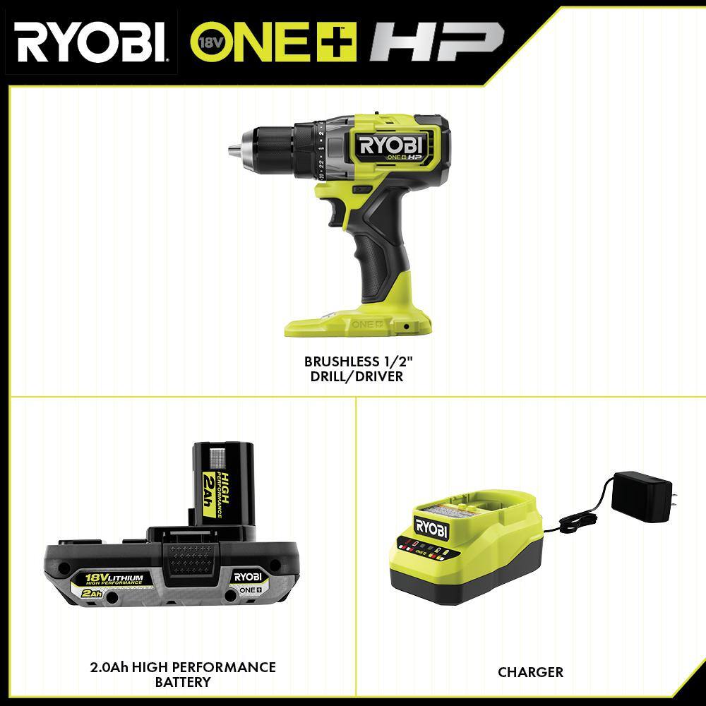 RYOBI ONE+ HP 18V Brushless Cordless 12 in. DrillDriver Kit with (1) 2.0 Ah HIGH PERFORMANCE Battery and Charger PBLDD01K1