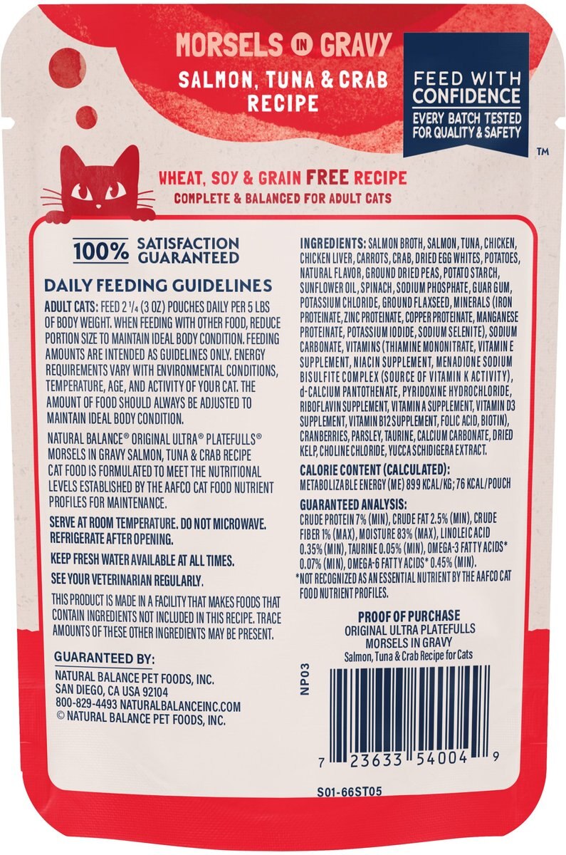 Natural Balance Platefulls Salmon， Tuna and Crab Formula in Gravy Grain-Free Cat Food Pouches