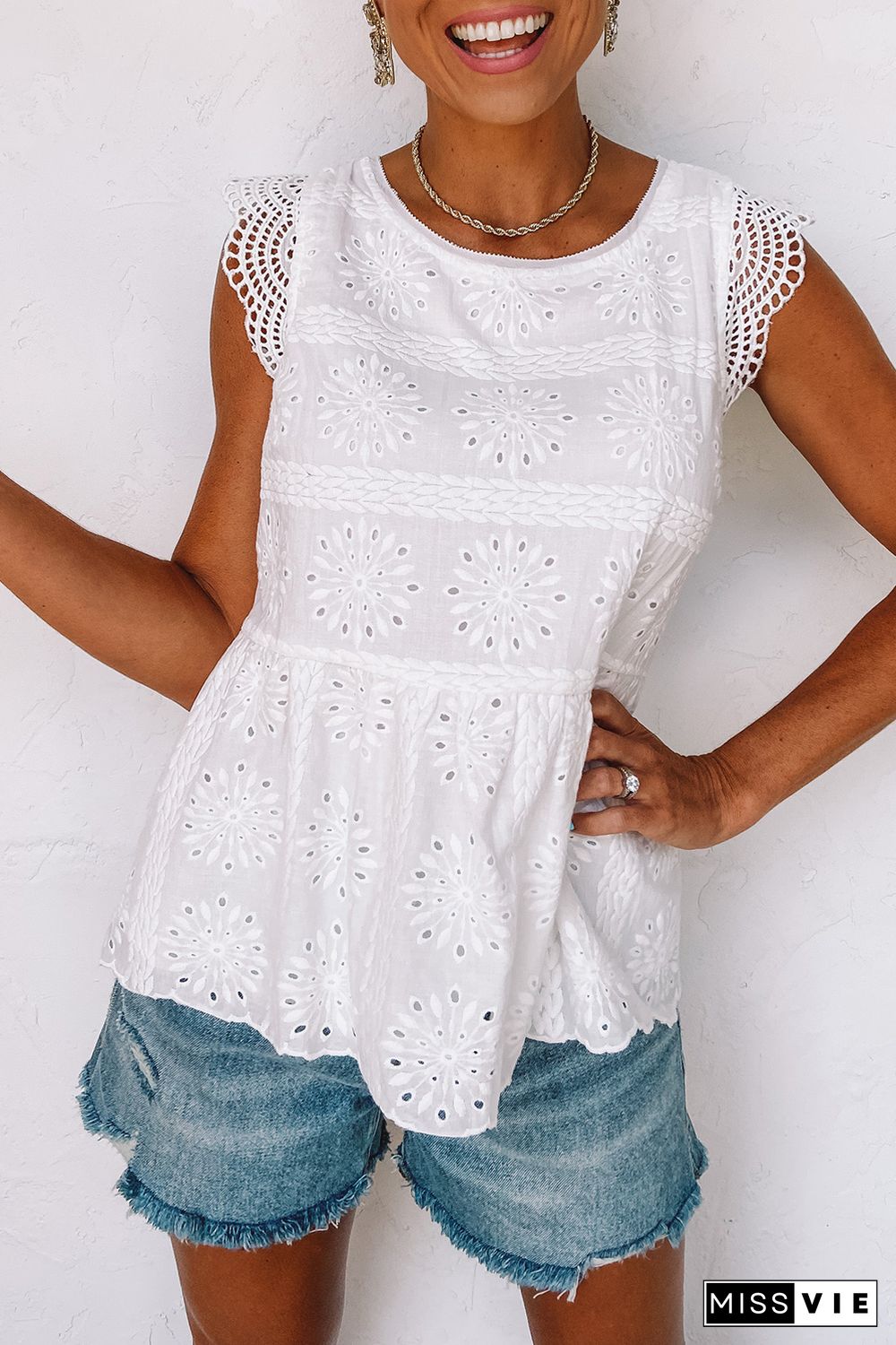 White Contrast Lace Cut-out Flutter Sleeve Blouse