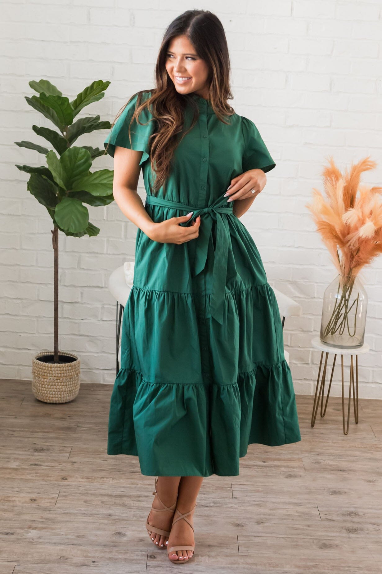 Autumn Ruffle Dress-Emerald Green