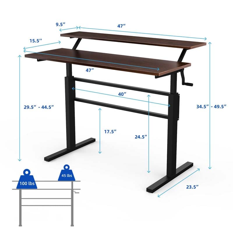 2-Tier Standing Desk, Height Adjustable Sit Stand Up Desk, Computer Desk Workstation with Monitor Stand & Foldable Crank Handle