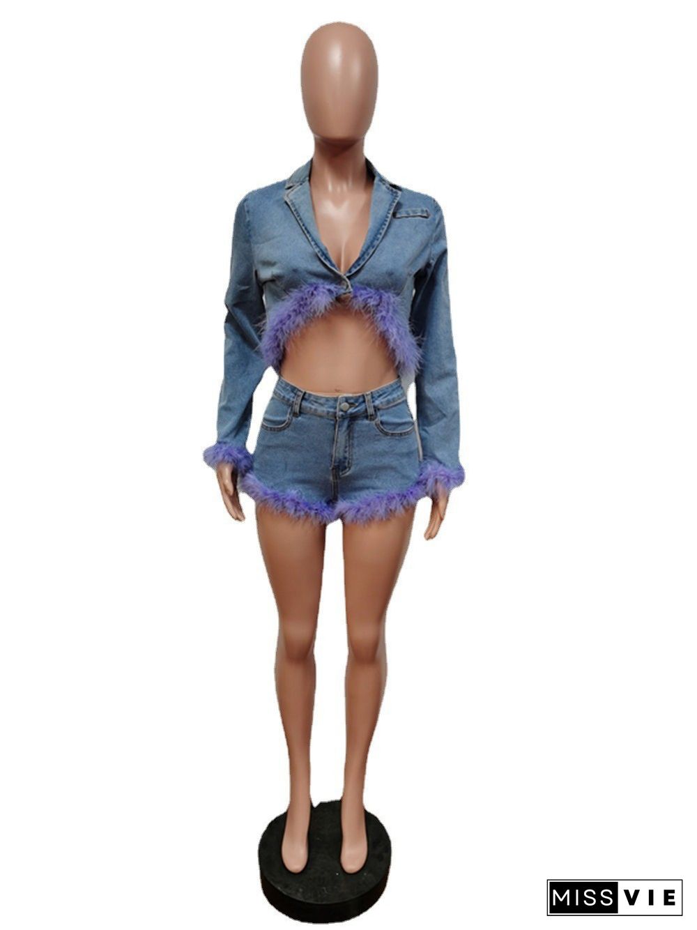 Feathers Long Sleeve Denim Jacket 2 Piece Shorts Set