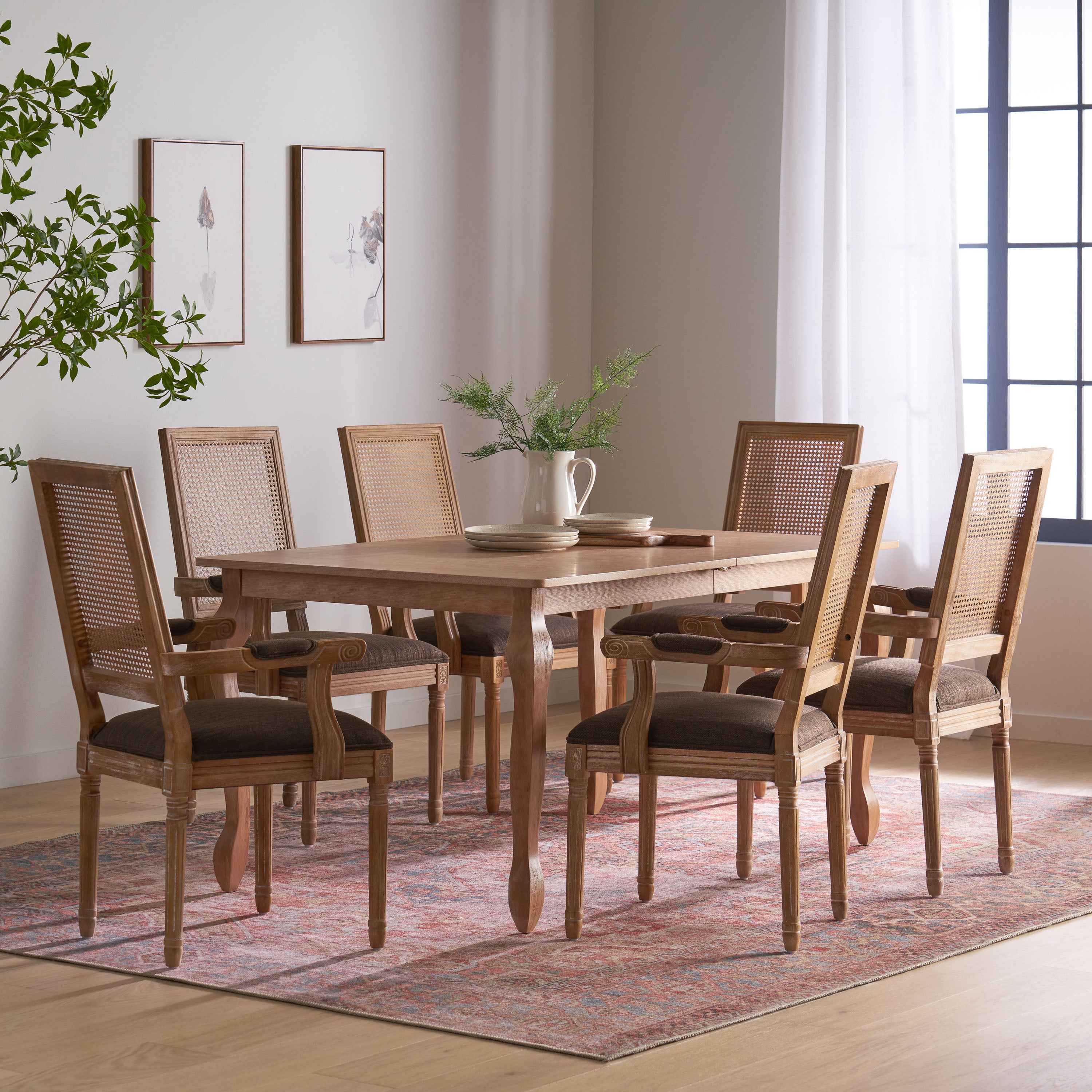 Regan French Country Fabric Upholstered Wood and Cane Expandable 7 Piece Dining Set