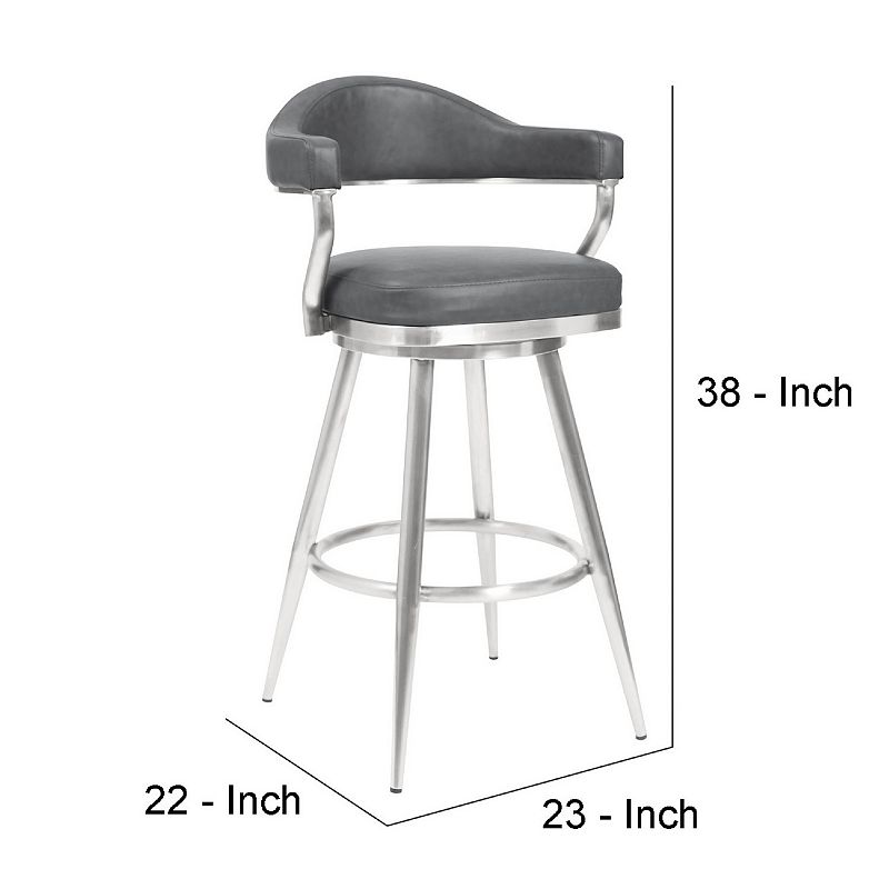 26 Inch Vegan Faux Leather Metal Counter Stool， Gray， Silver