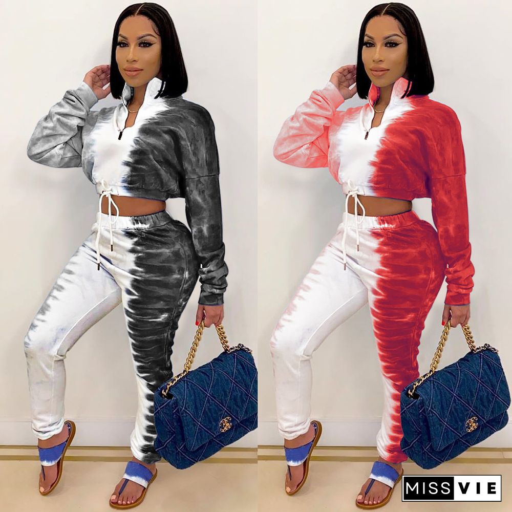 Printed Zipper Drawstring Long Sleeve Crop Top Leash Pants Set