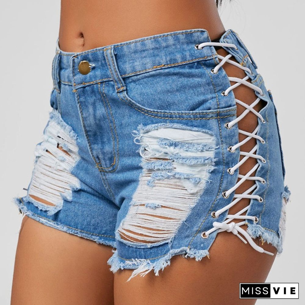 Women's Summer Denim Shorts Fashion High Waist Jeans Tassel Lace-up Hot Pants