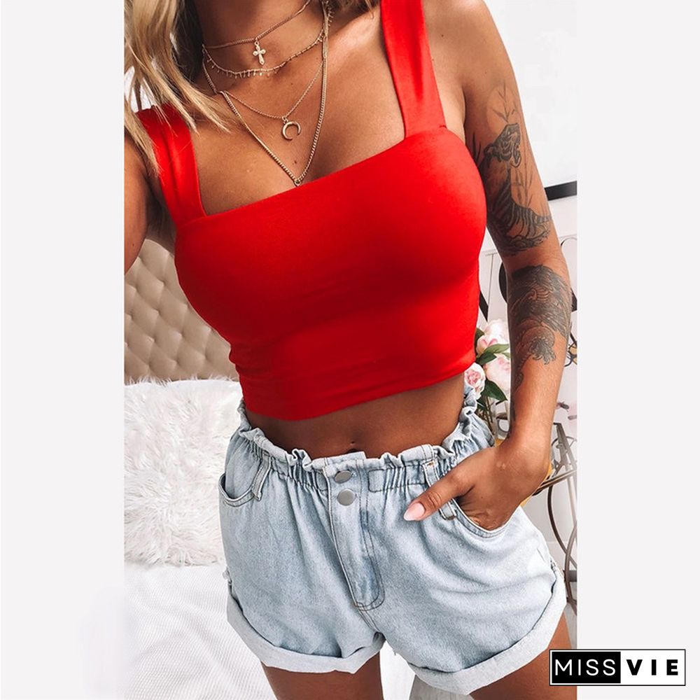 Square Neck Sleeveless Summer Crop Top White Women Black Casual Basic T-Shirt Off Shoulder Cami Sexy Backless Tank Top