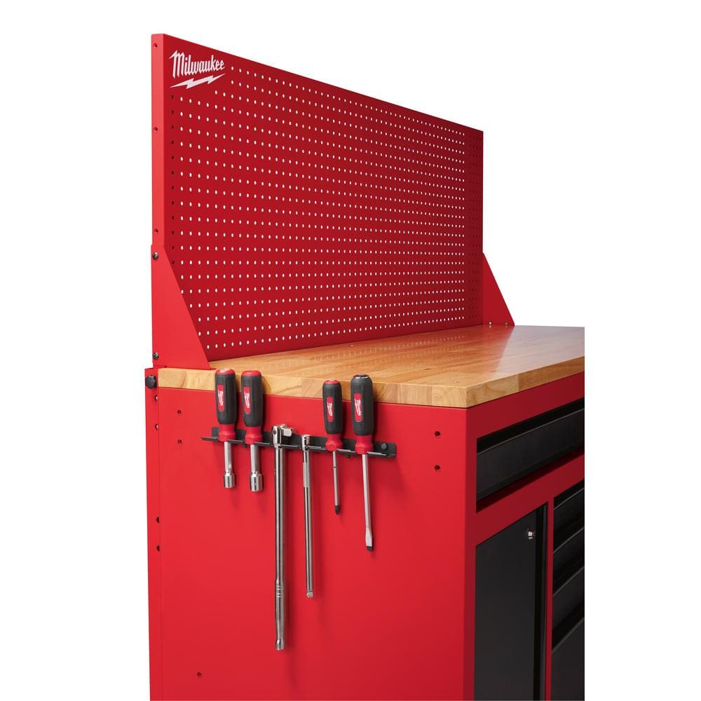 Milwaukee 61 in. 11-Drawer/1-Door 22 in. D Mobile Workbench with Sliding Pegboard Back Wall in Red/Black 48-22-8561