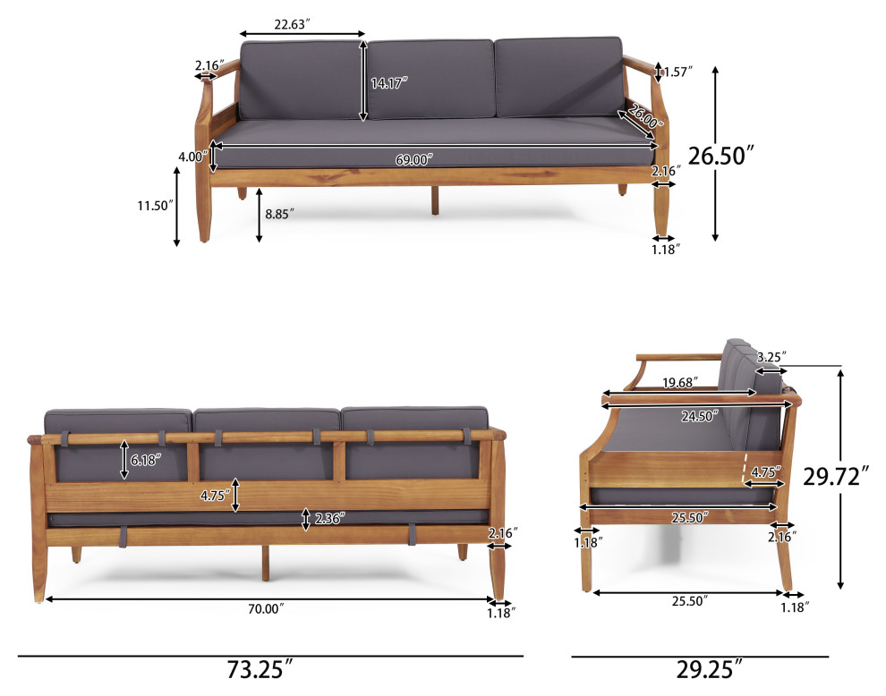 Bianca Outdoor Mid Century Modern Acacia Wood 3 Seater Sofa  Teak/Dark Gray   Midcentury   Outdoor Sofas   by GDFStudio  Houzz