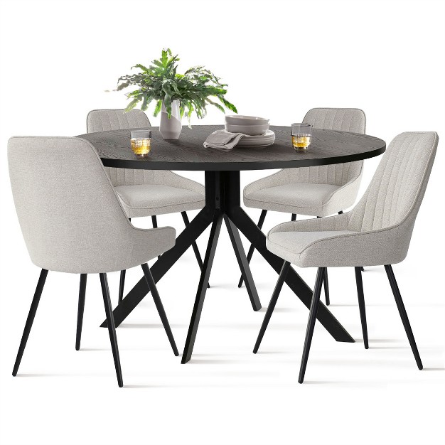 43 x27 x27 Jones Solid Black Grain Round Dining Table With 4 Upholstered Fabric Tiny Armchairs With Metal Legs the Pop Maison