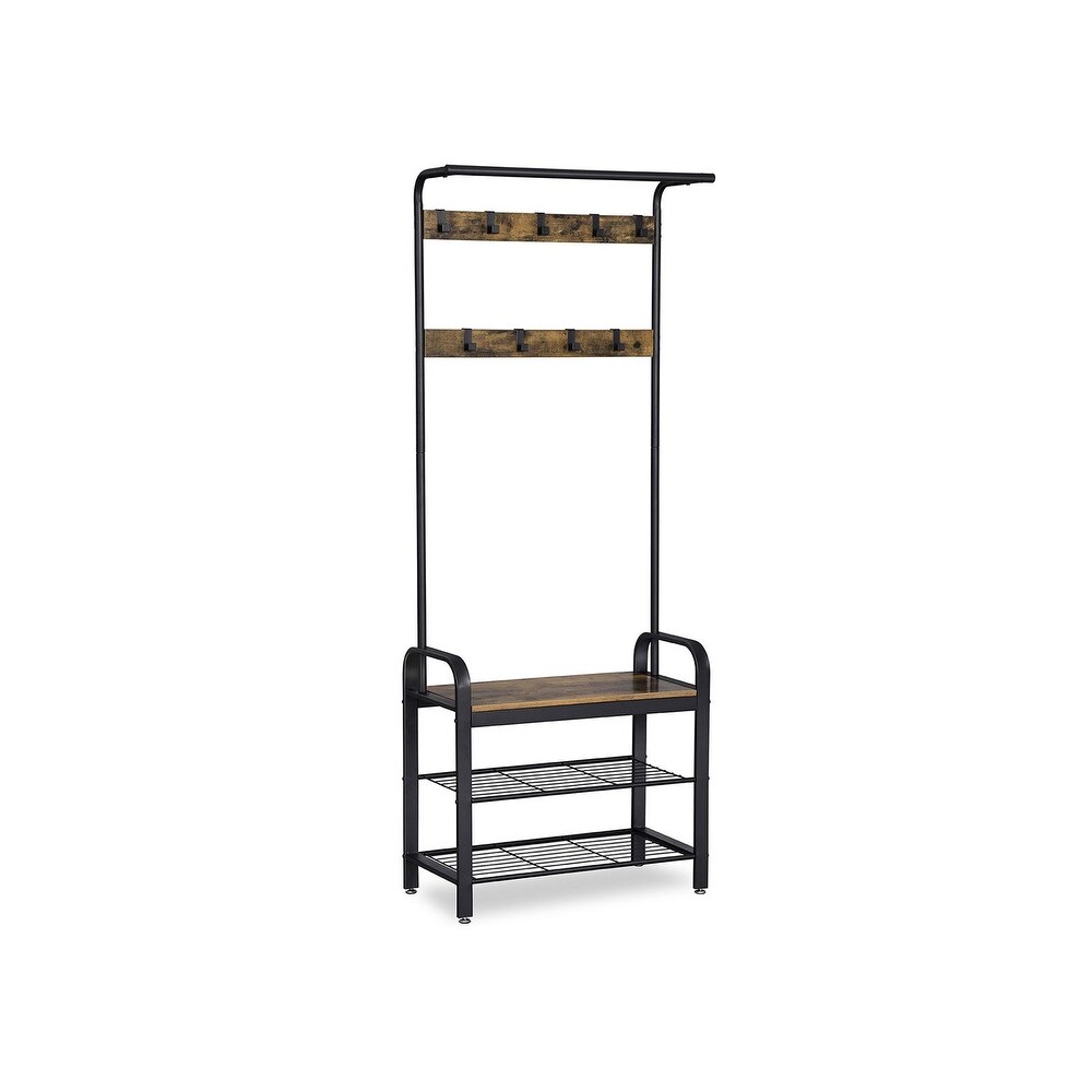 VASAGLE Industrial Coat Rack  Hall Tree with Shoe Bench for Entryway  3 in 1 Design  Rustic Brown and Black