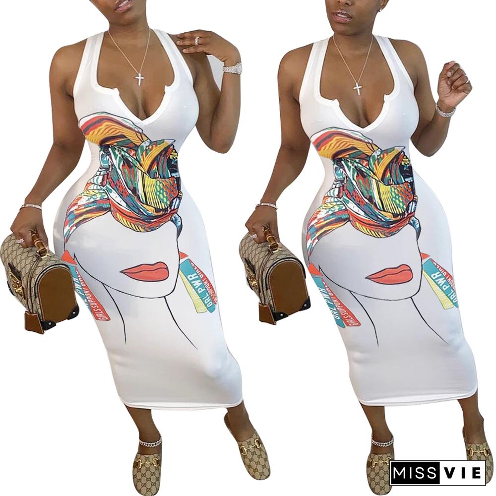 Abstract Print Sleeveless V Neck Skinny Dress