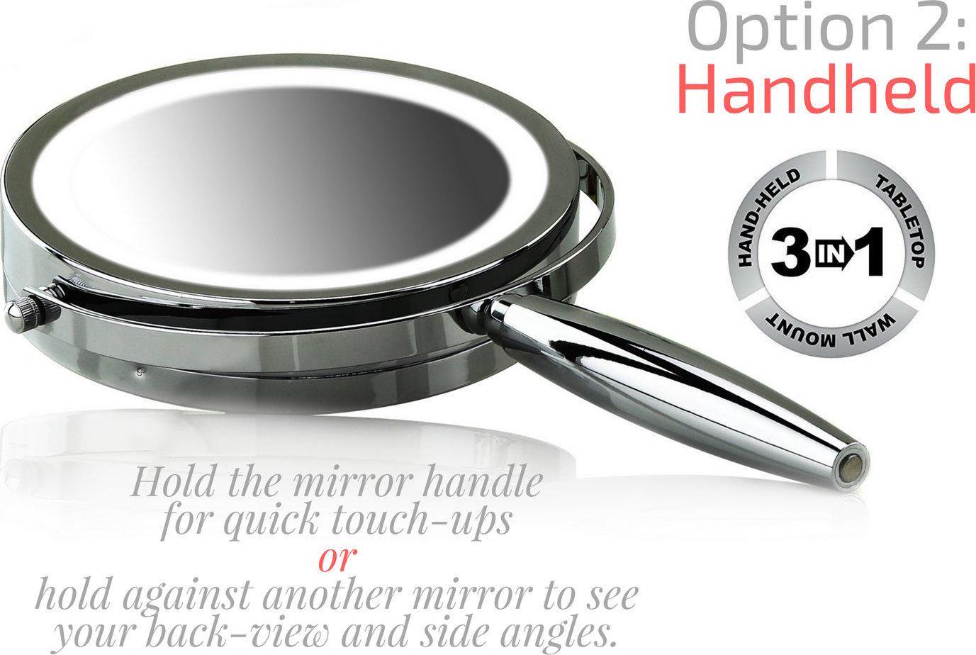 Ovente 78221 Hand Mirror 1X 8X Magnifier Easy Switch to Tabletop and Wall Mount Double Sided Spinning Three Tone LED Lights Extend Retractable Folding Arm Battery Powered Polished Chrome MFM70CH1X8X  Crowdfused