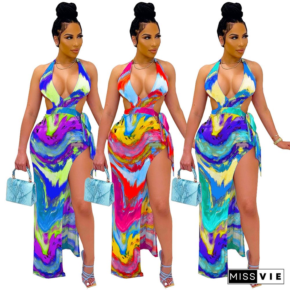 Sexy Tie Dye Summer Woman Clothes Lace Up Hollow Out Backless Split Halter Chic Skinny Long Dress