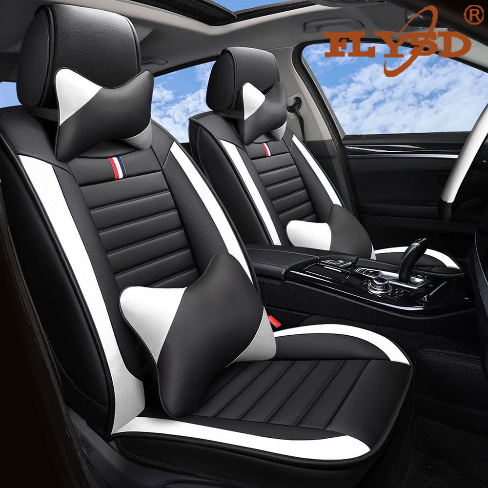 Seat Cover 5 Seats Full Set Universal Fit for Most Vehicle Sedan SUV Truck Pickup Airbag Compatible Synthetic Leather Car Seat Cushion Protector All Weather Adjustable(Black+White)