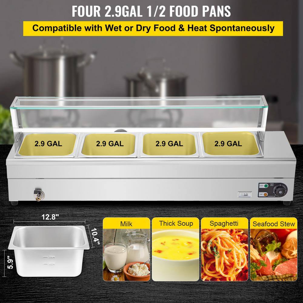 VEVOR 4 Pan x 12 GN Stainless Steel Commercial Food Steam Table 6 in. Deep 1500-Watt Electric Countertop Food Warmer 44 Qt. BLZBWTC4PB2400001V1