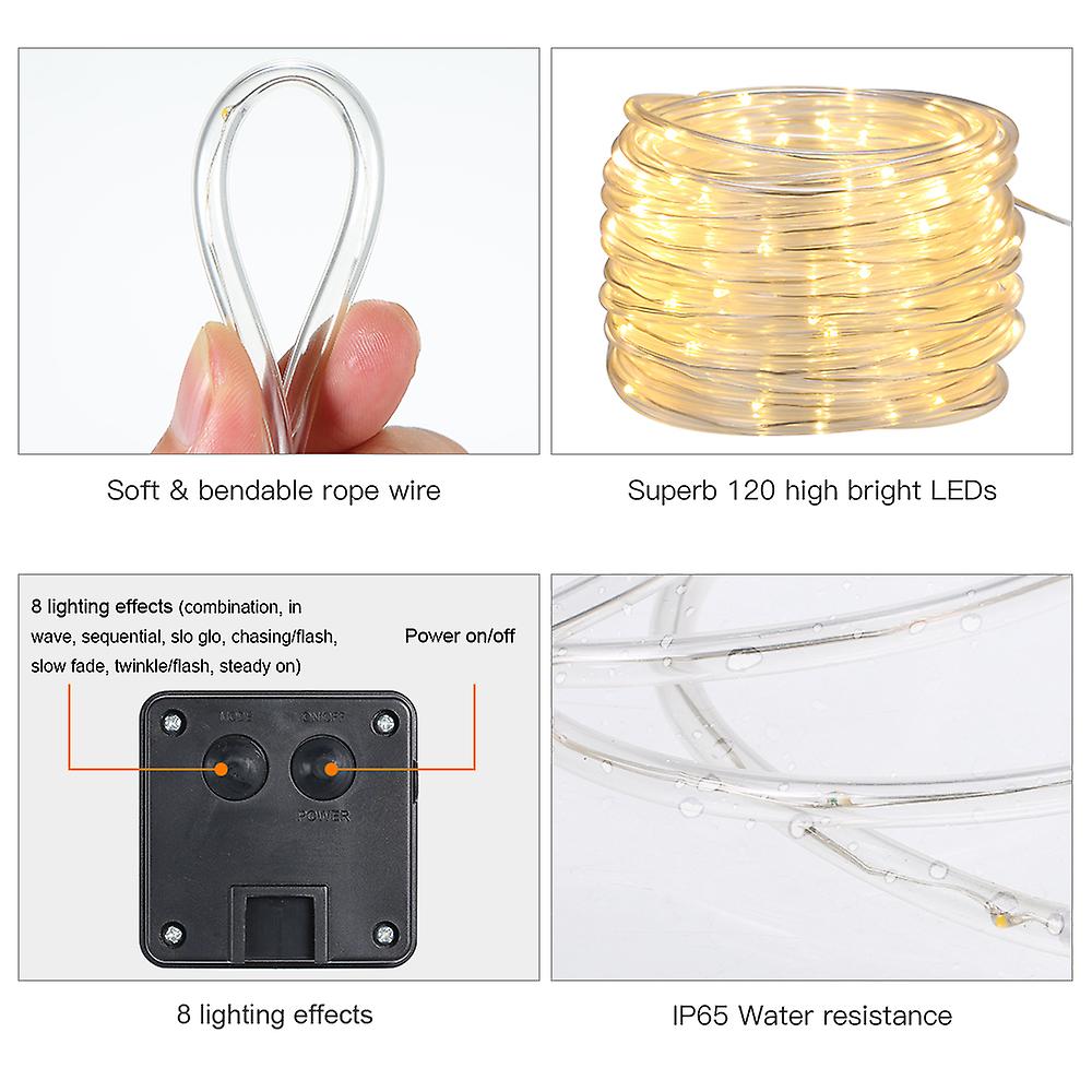 12m/39.4ft 7.2w 120 Led Solar Powered Energy Rope Light Lawn Lamp Warm White Combination In Wave Sequential Slo-glo Chasing/flash Slow Fade Twinkle/fl