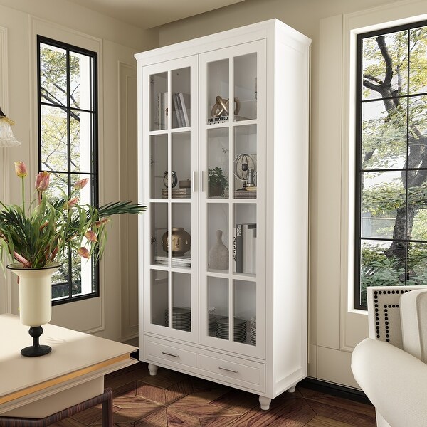 White Bookcase with Glass Doors Display Cabinet Bookshelf Organizer - 70.9