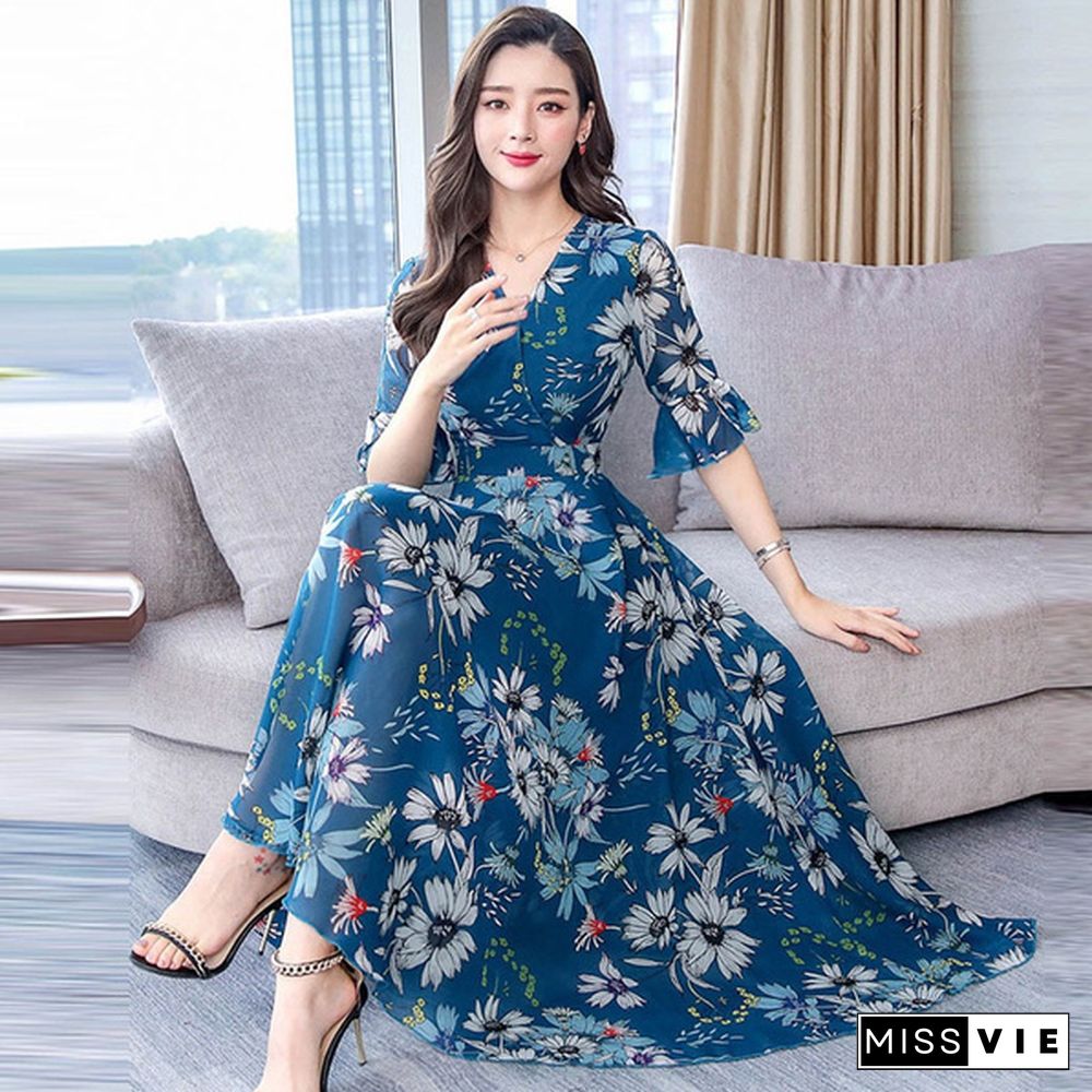 Fashion Floral Print Slim A-Line Dress Elegant Ladies Long Dress Women V-Neck Short Sleeve Chiffon Party Dresses