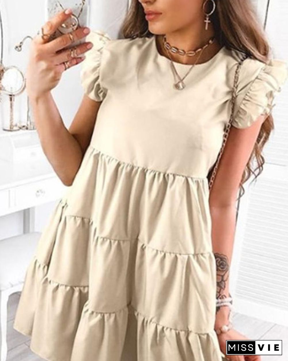 Solid Short Sleeve Ruffles A-line Cake Dress P15274