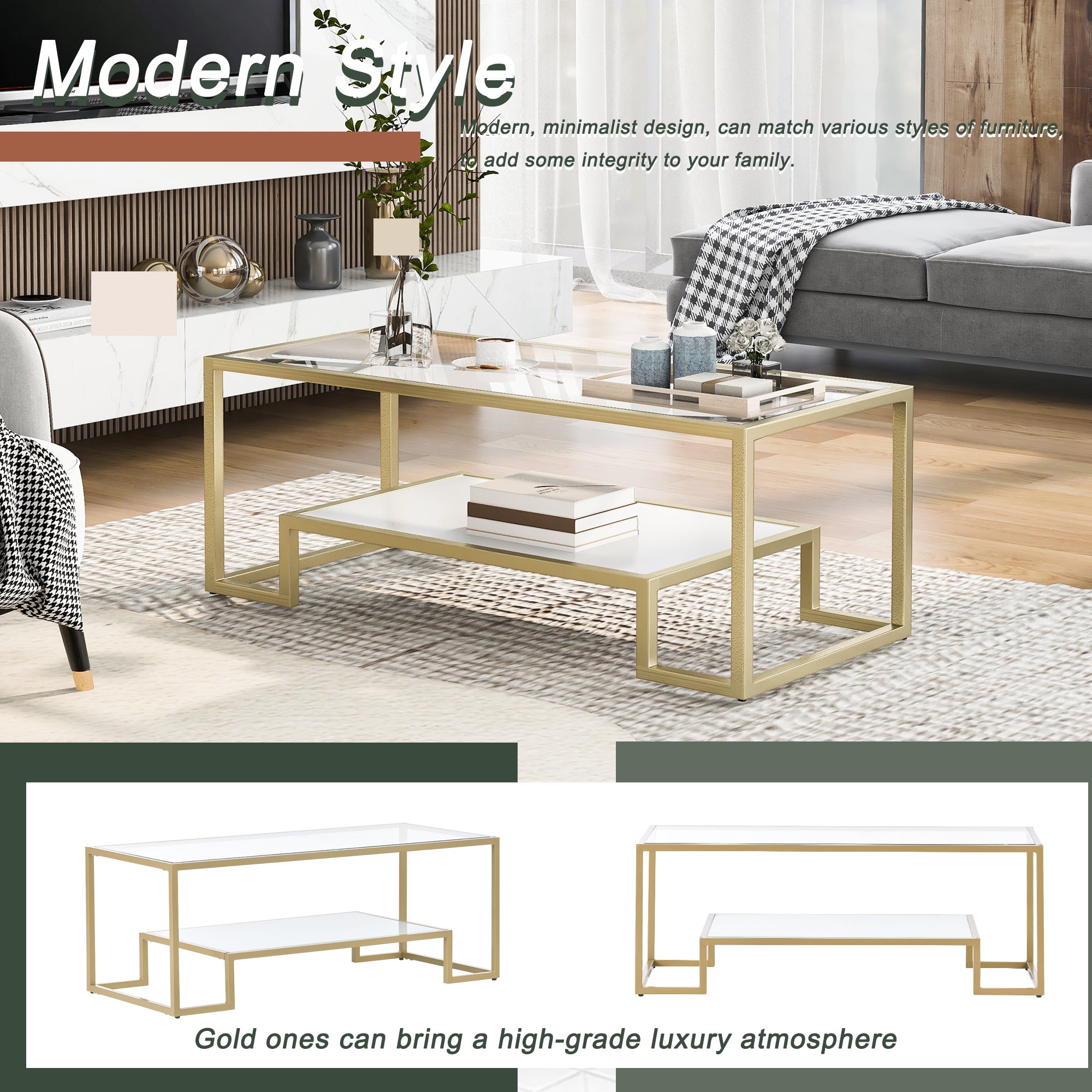 Modern Minimalist Design Living Room Coffee Table, Metal with Stained White Tempered Glass, 2-Tier Sofa Cocktail Tables, Gold