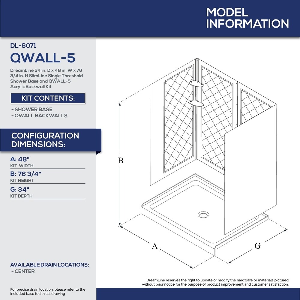 DreamLine 34 in. D x 48 in. W x 76 3/4 in. H Single Threshold Shower Base and Acrylic Backwall Kit   34\