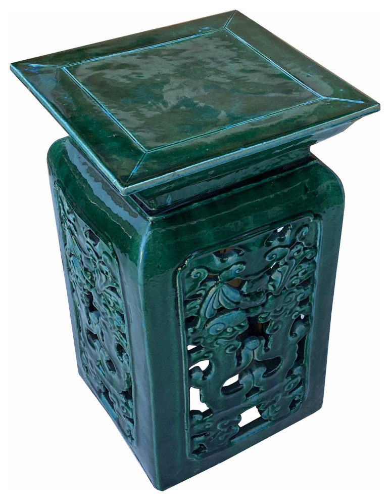 Ceramic Clay Green Square Tall Pedestal Table Bats Dragons Stand Hcs7010   Asian   Side Tables And End Tables   by Golden Lotus Antiques  Houzz