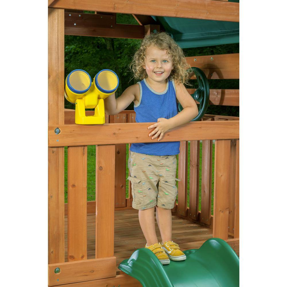 Creative Cedar Designs Mountain View Lodge Playset with Wooden Roof Monkey Bars and Multi-Color Swing Set Accessories and Green Slide 3431