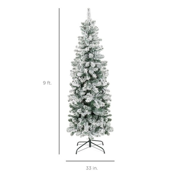 Flocked Pencil Christmas Tree，PreLit Slim Artificial Holiday Decoration，9Ft Lighted Skinny Snowy Appearance w/Base