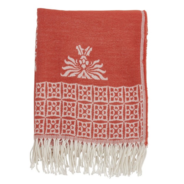 Medallion Design Throw Blanket With Fringe Edges Persimmon Saro Lifestyle