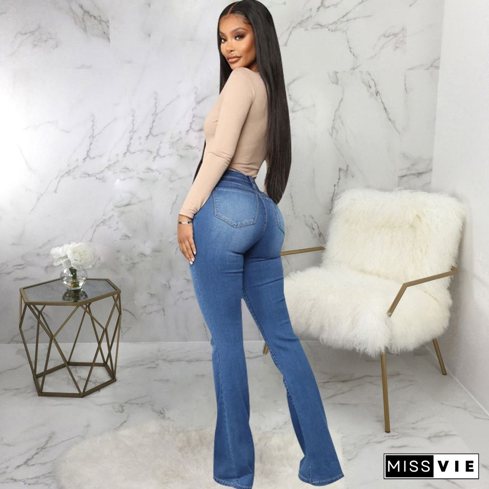 High Waist Full Length Slim Flare Jeans Pants