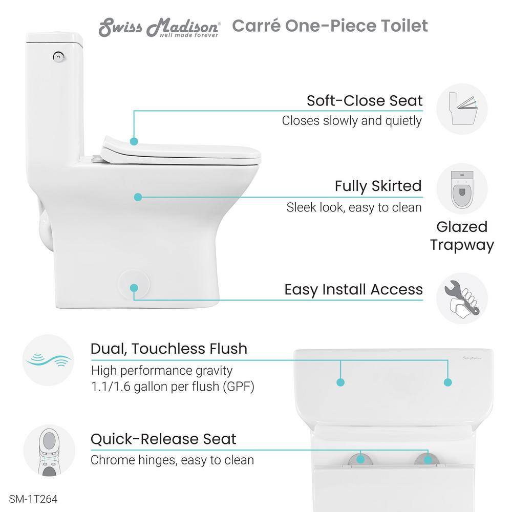 Swiss Madison Carre 1-piece 1.11.6 GPF Dual Touchless Flush Elongated Toilet in White SM-1T264