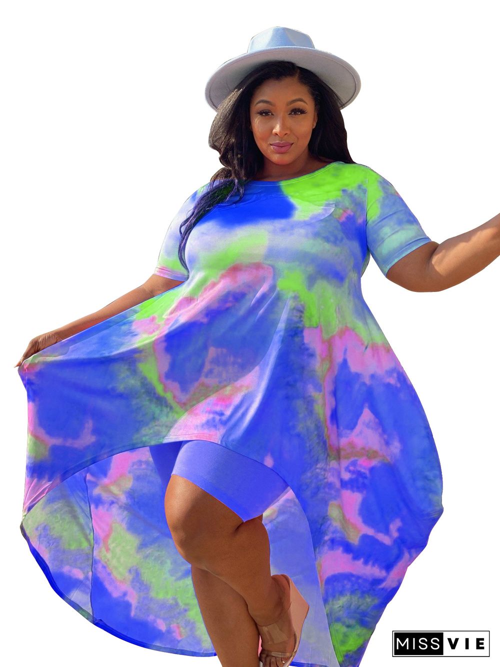 Plus Size Fashion Tie Dye Print Women Clothing Short Sleeve Irregular Loose Long Top Biker Shorts 2 Piece Set