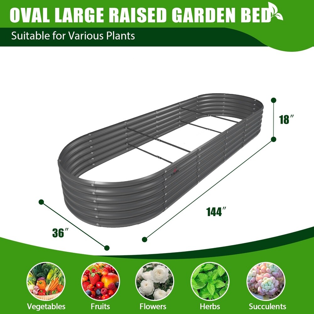 Outdoor 12 ft. x 3 ft. x 1.5 ft. Oval Extra Large Metal Anti Rust Raised Garden Bed in Gray For Vegetables and Flowers