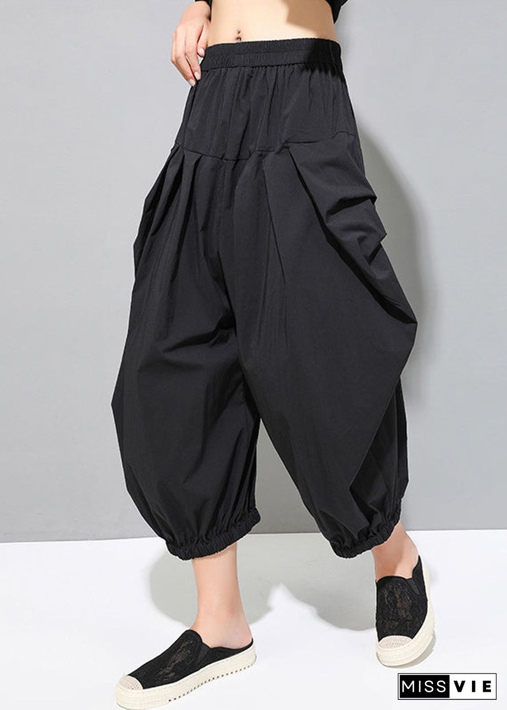 Loose Black Pockets Elastic Waist Crop Pants Fall