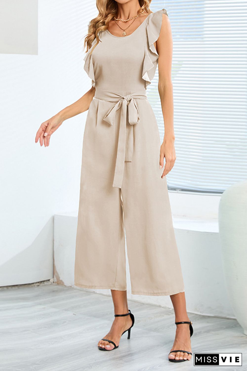 Plain Flutter Sleeveless Wide Leg Jumpsuit