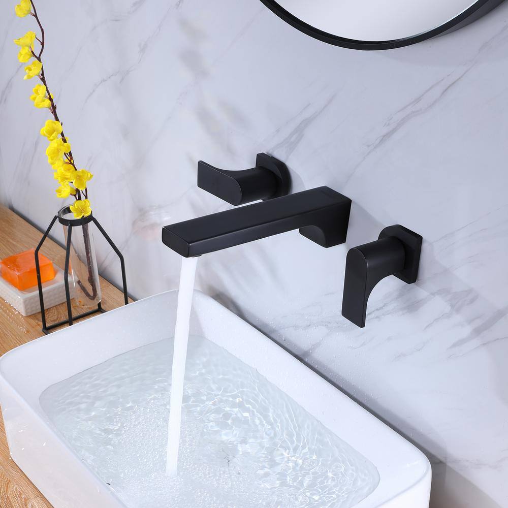 Tahanbath Double-Handle Wall Mounted Bathroom Faucet with HotCold Indicators in Matte Black CT-DB771MB-B