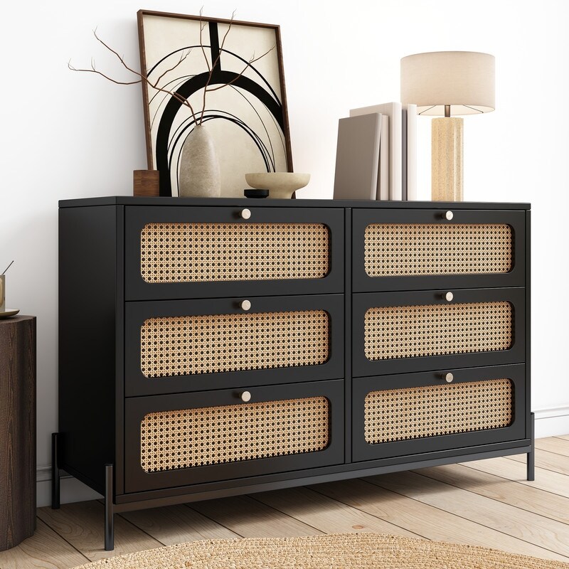 47'' Modern Solid Wood 6 Drawer Dresser with Rattan Decorative Doors (2 Colors）