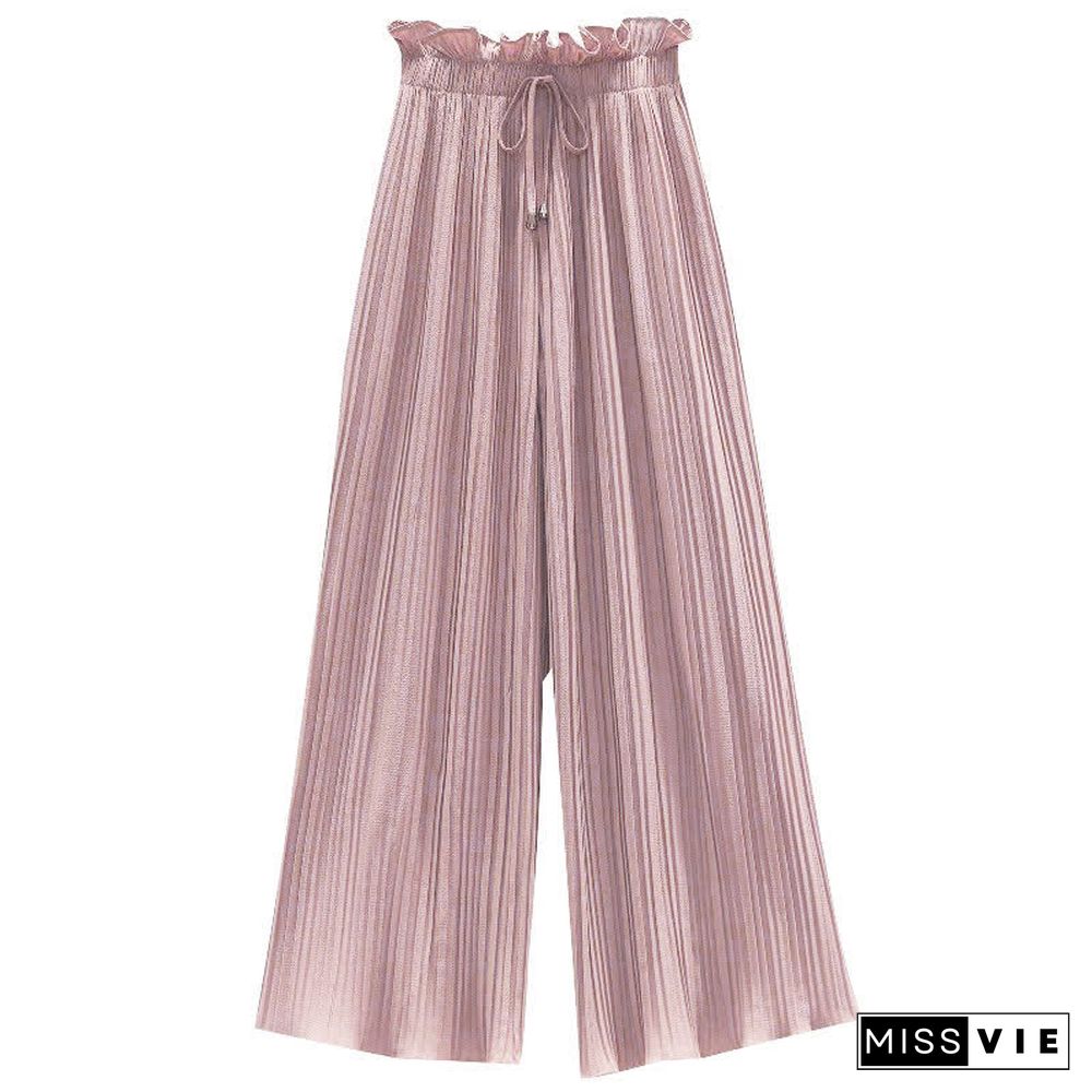 High Waist Chiffon Wide Leg Pleated Casual Pants