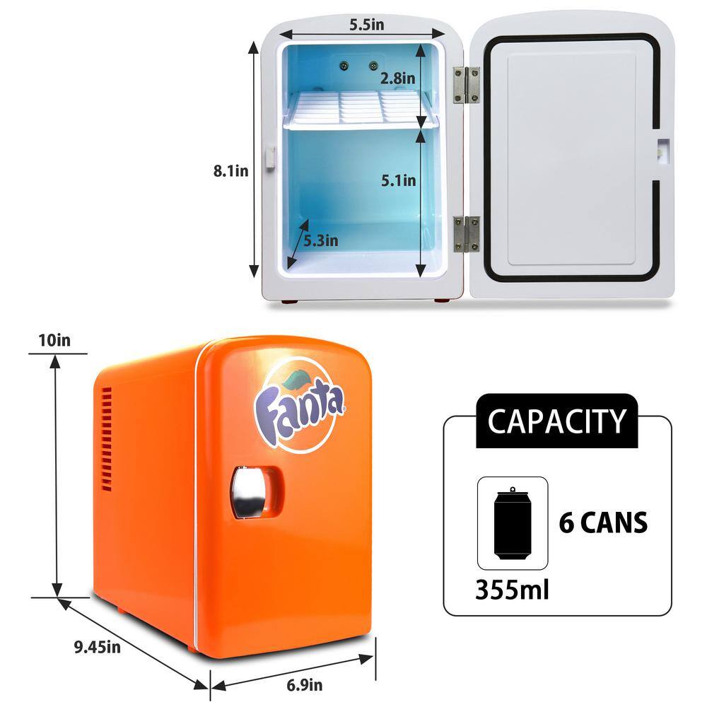 Fanta Coca-Cola Fanta 4L Portable CoolerWarmer Personal Travel Fridge with 12V and AC Cords Orange FA04