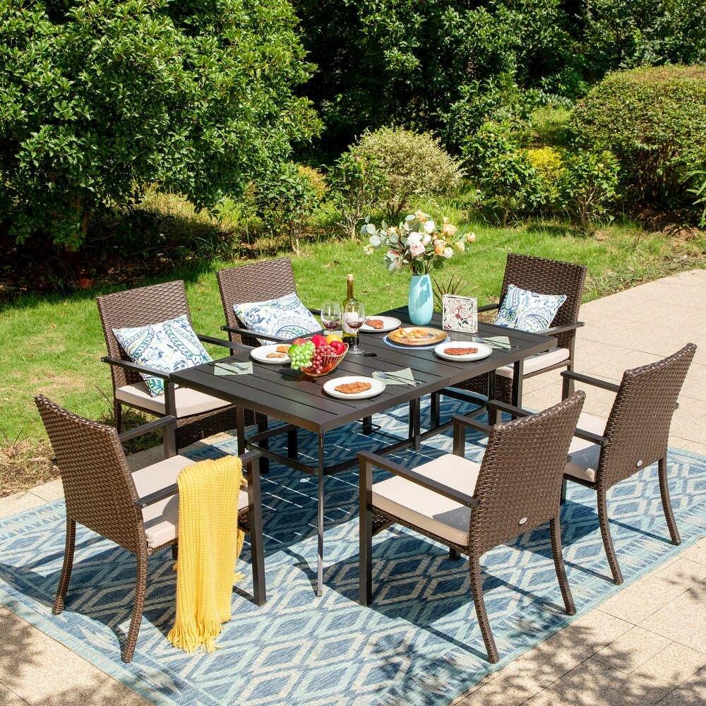 7 Piece Patio Dining Set of 6 Padded Rattan Chairs and 1 Chic E coating Table