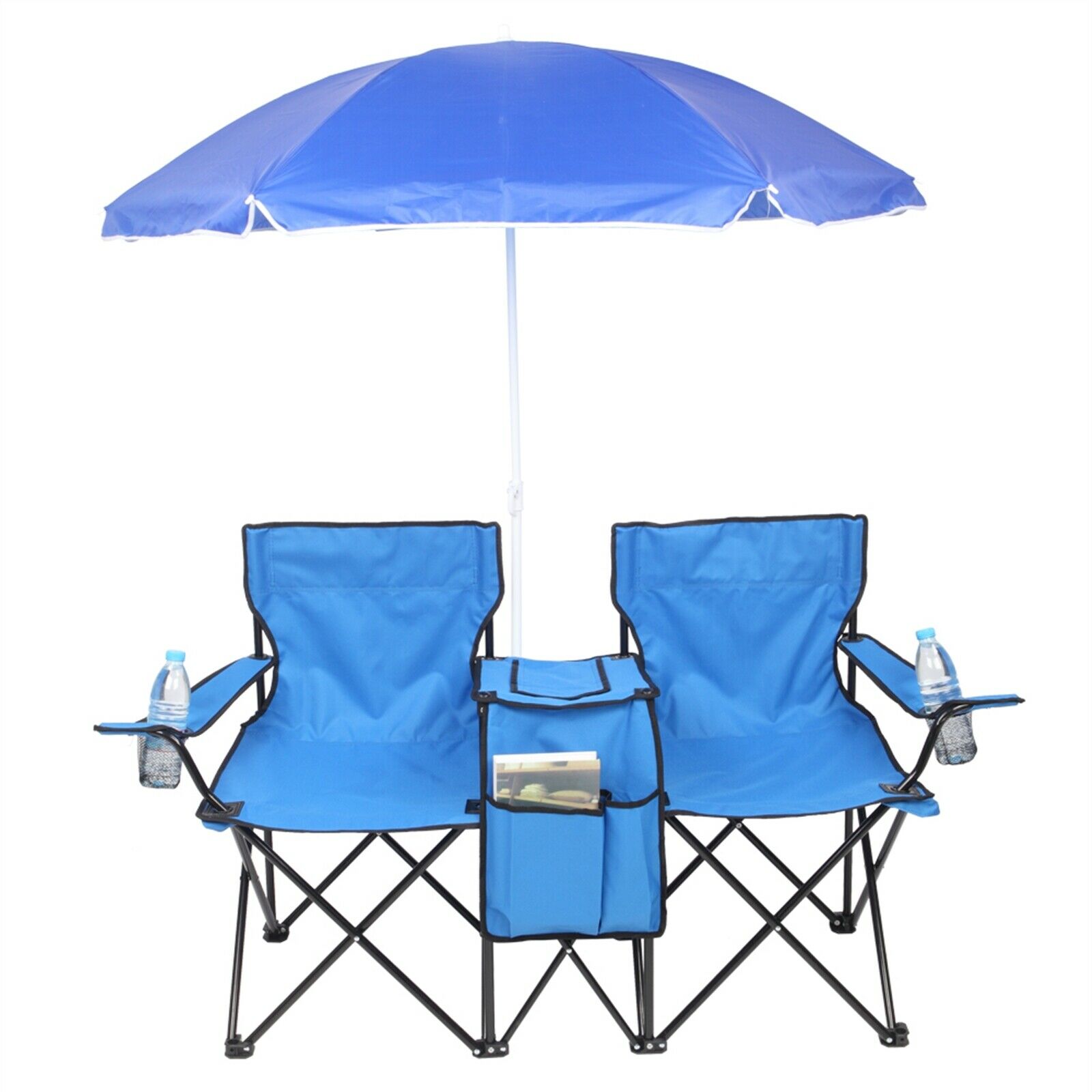 Donepart  Folding Beach Chair andSun Umbrella Summer Chair  2-Seat Chair Blue Outdoor