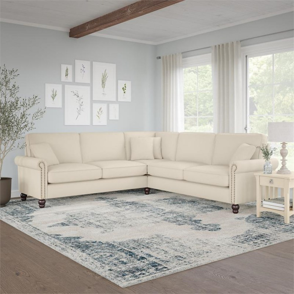 Pemberly Row 99W L Shaped Sectional in Cream Herringbone Fabric   Traditional   Sectional Sofas   by Homesquare  Houzz