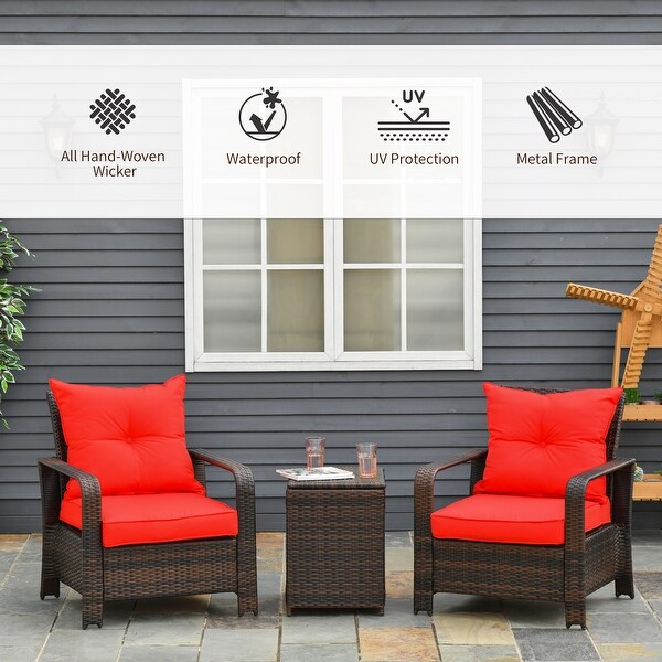 Outsunny 3 Piece PE Rattan Wicker Bistro Set with Cushions，Conversation Furniture Set for Backyard，Garden，Patio